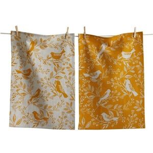 TAG Ochre Birds & Vines Canyon Dishtowel Set Kitchen Cloths Beige Mustard Yellow